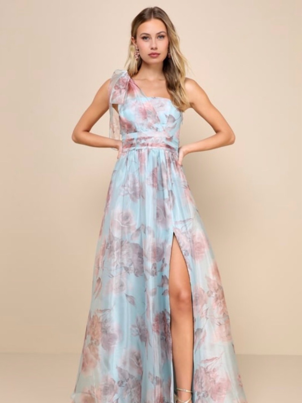 Lulus Blue Floral One-Shoulder Maxi Dress